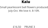 Kaiu Small pearlescent bell flowers produced July-Oct. We love it. 8-10ft.    £16.50     PRUNE 3